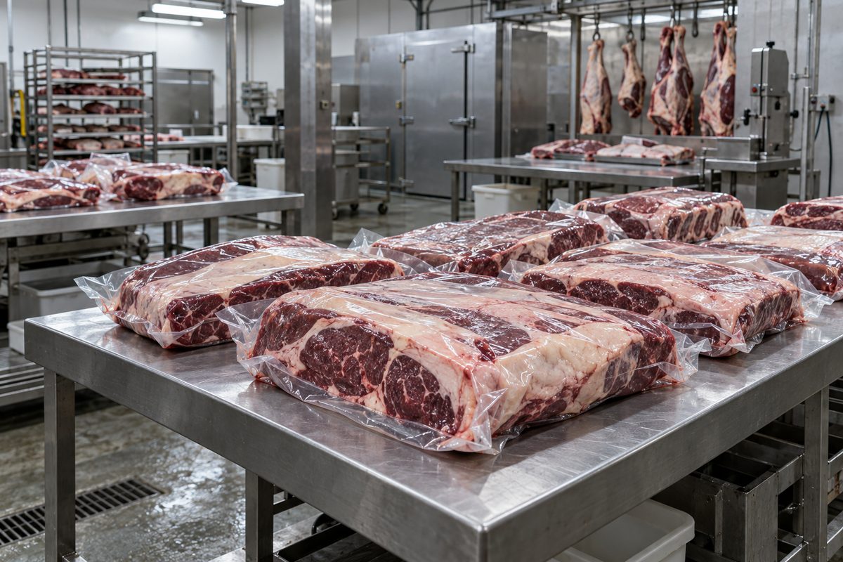 Vacuum-sealed wholesale beef subprimals prepared on stainless steel fabrication tables in an Evansville refrigerated facility.