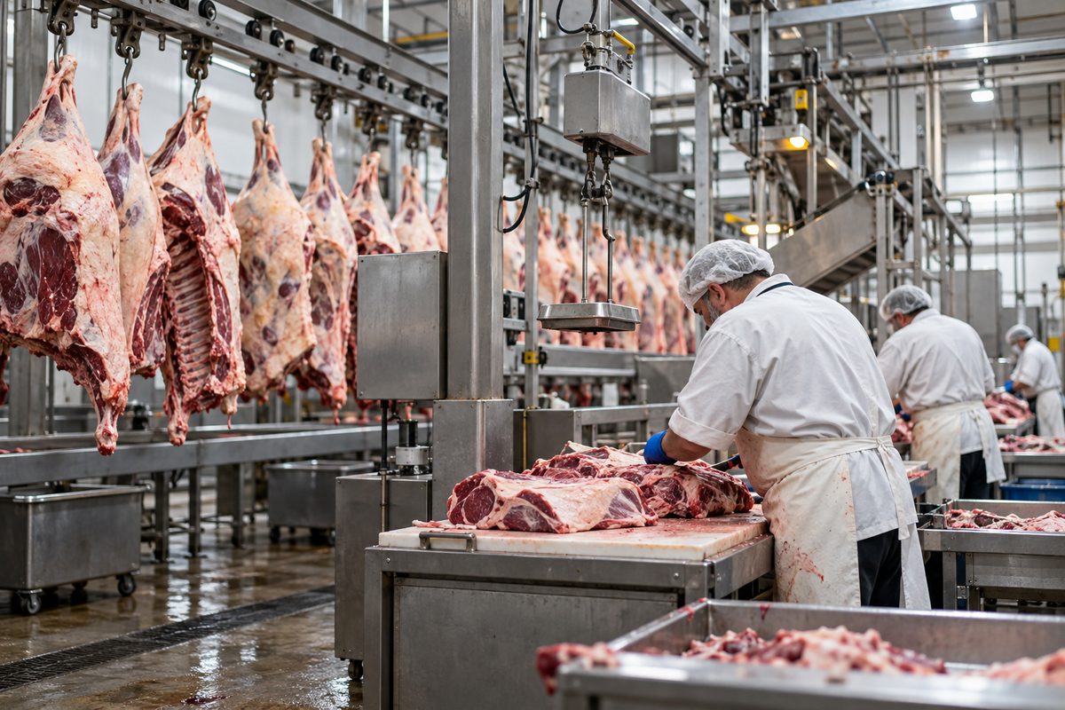 Historical Evansville commercial meat processing floor showing original continuous rail cutting infrastructure and archival plant operations.