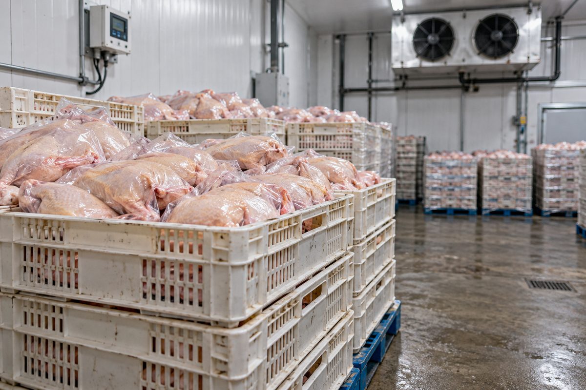 Chilled institutional poultry cartons stacked in a temperature-controlled commercial holding bay.