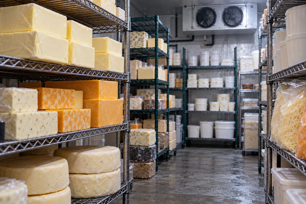 Cold-room storage of institutional dairy products, butter, and cheese blocks on commercial warehouse racks.