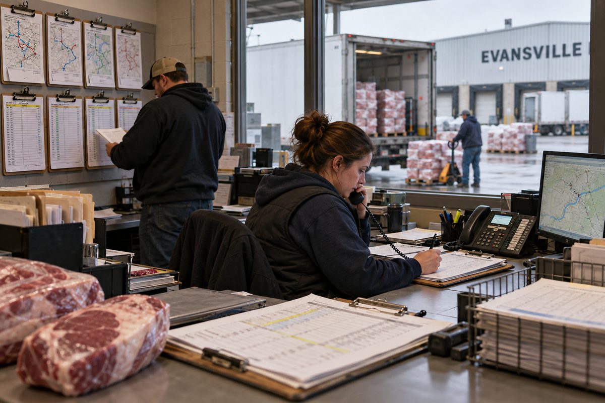 Commercial dispatch operations desk with route manifests, order ledger dockets, and direct telephone coordination equipment.