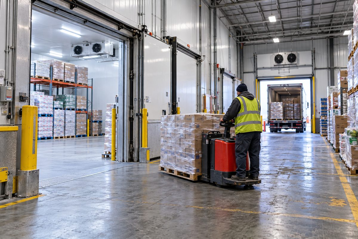 Operational cold-storage distribution warehouse floor with industrial insulated doors and staged wholesale pallets.