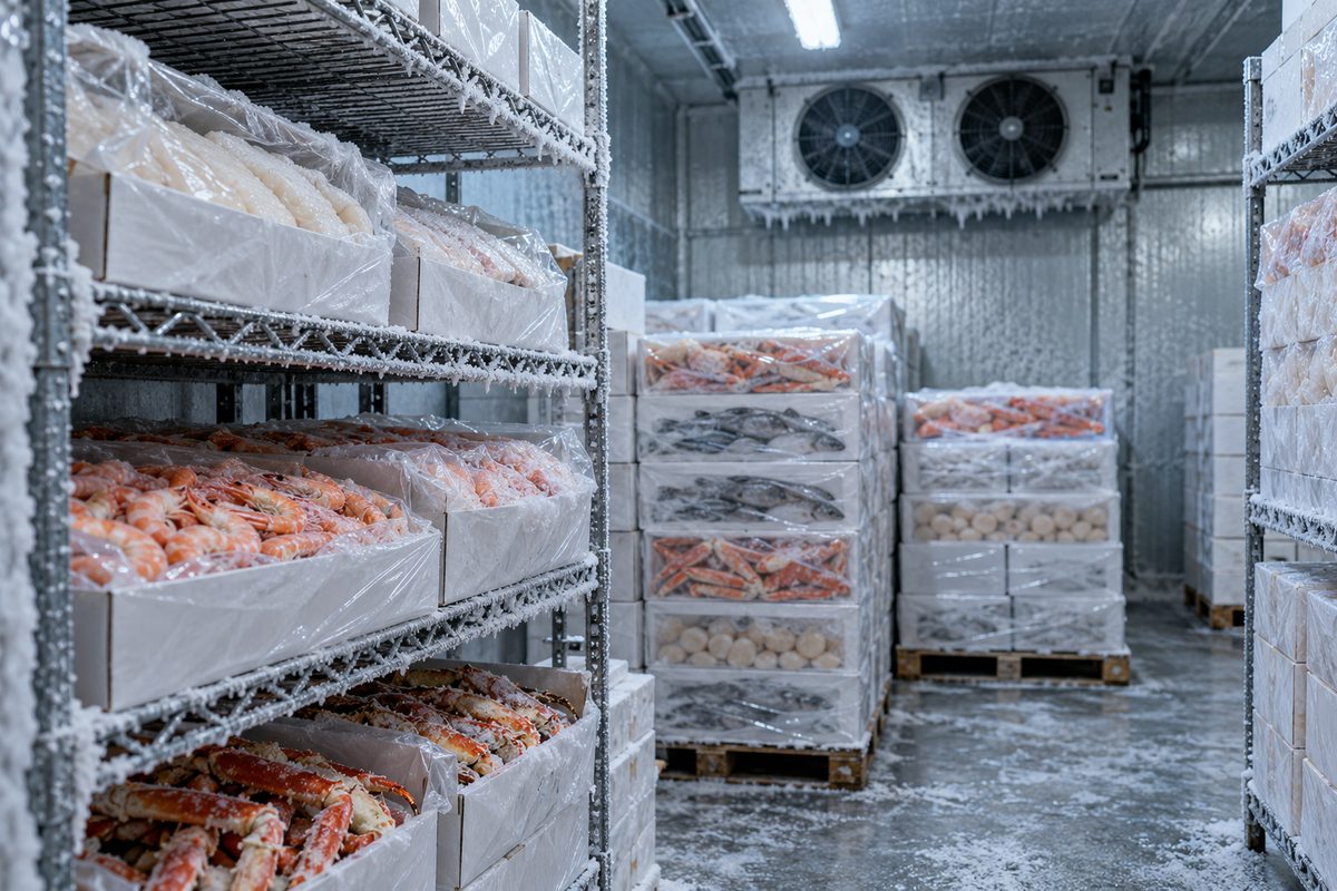 Sub-zero industrial freezer shelving containing packaged frozen seafood cases with strict cold-chain management.