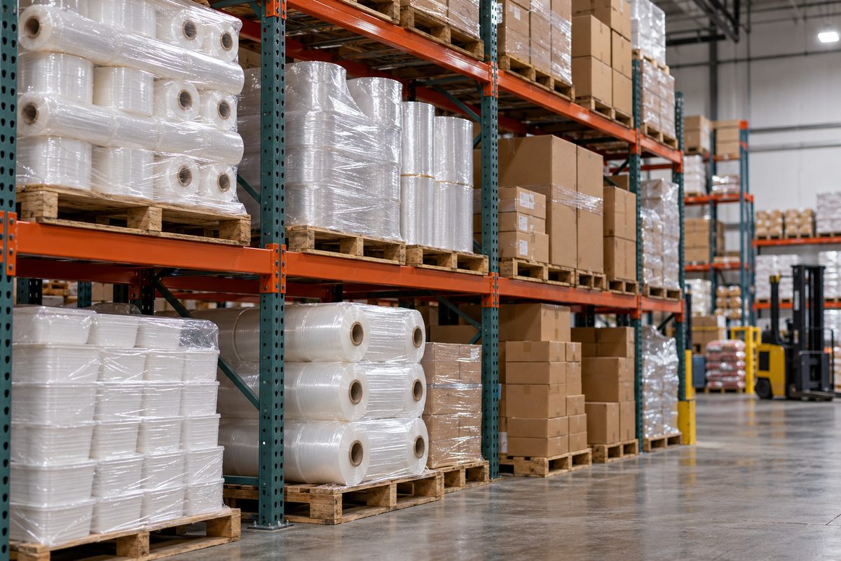 Warehouse pallet storage of commercial meat packaging films, butcher paper, and heavy shipping cartons.
