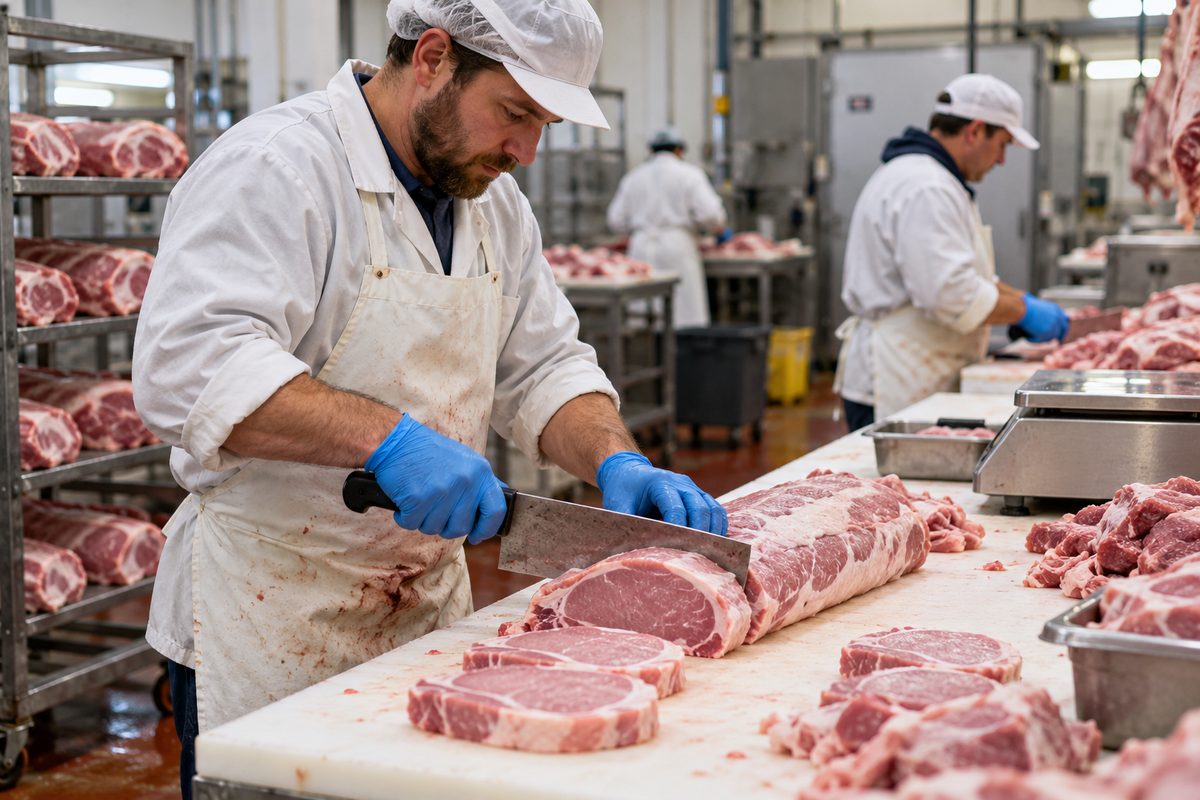 Freshly fabricated commercial pork portions and precision trimming station on a cold food service processing floor.