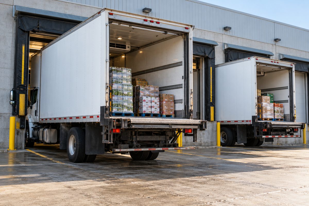 White refrigerated commercial delivery fleet docked at warehouse loading bays for scheduled route distribution.